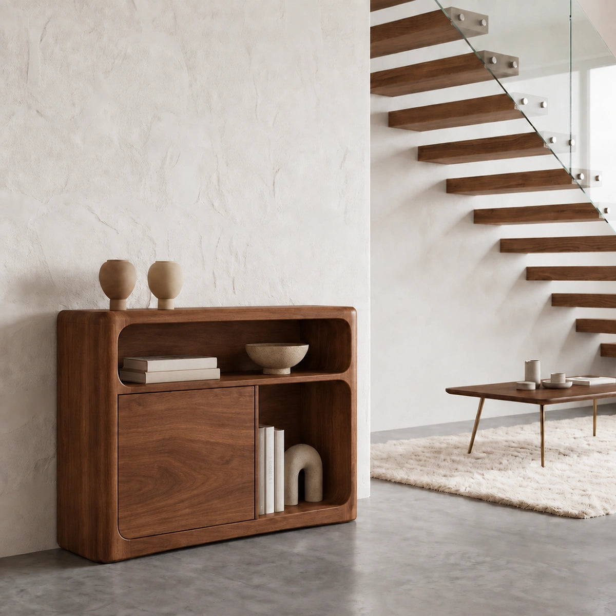 Console Table with Rounded Storage Cabinet in Natural Solid Woods - Rustiracraft