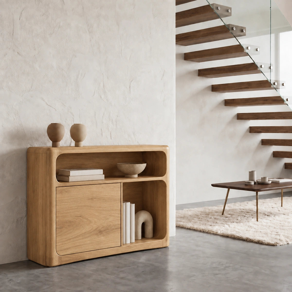 Console Table with Rounded Storage Cabinet in Natural Solid Woods - Rustiracraft