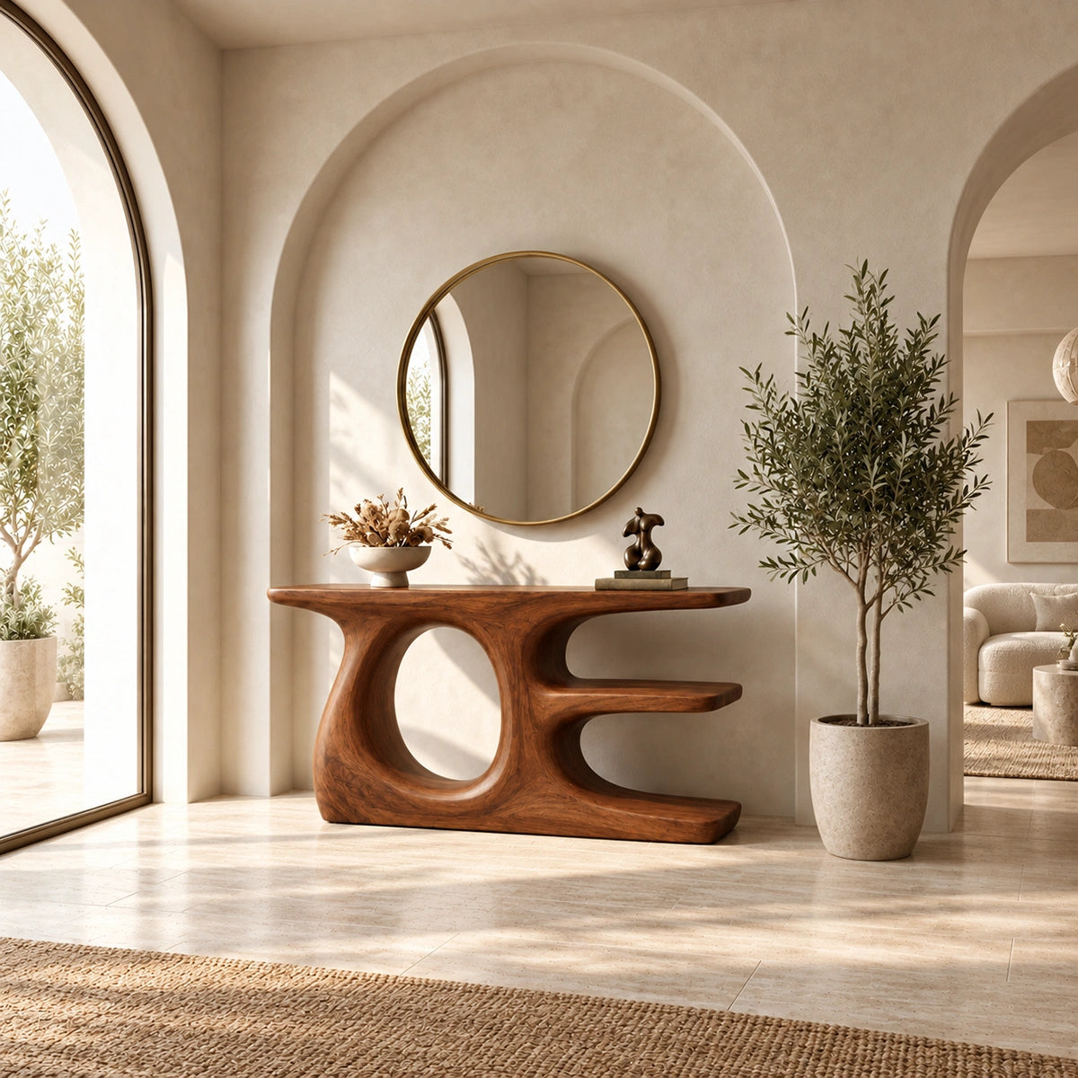 Console Table with Sculptural Oval Nooks in Natural Solid Wood Form - Rustiracraft