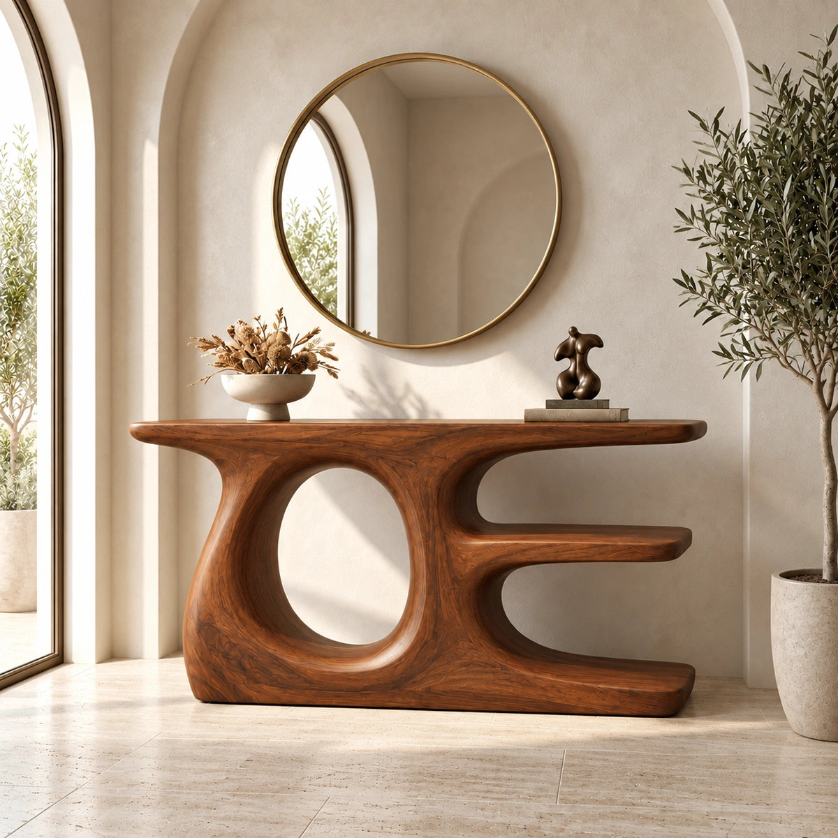 Console Table with Sculptural Oval Nooks in Natural Solid Wood Form - Rustiracraft