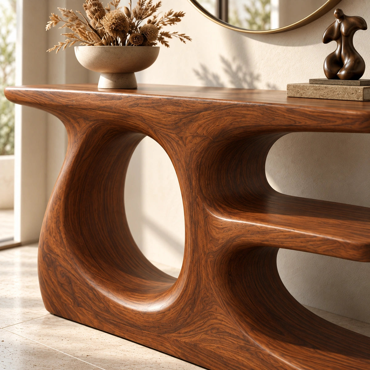 Console Table with Sculptural Oval Nooks in Natural Solid Wood Form - Rustiracraft