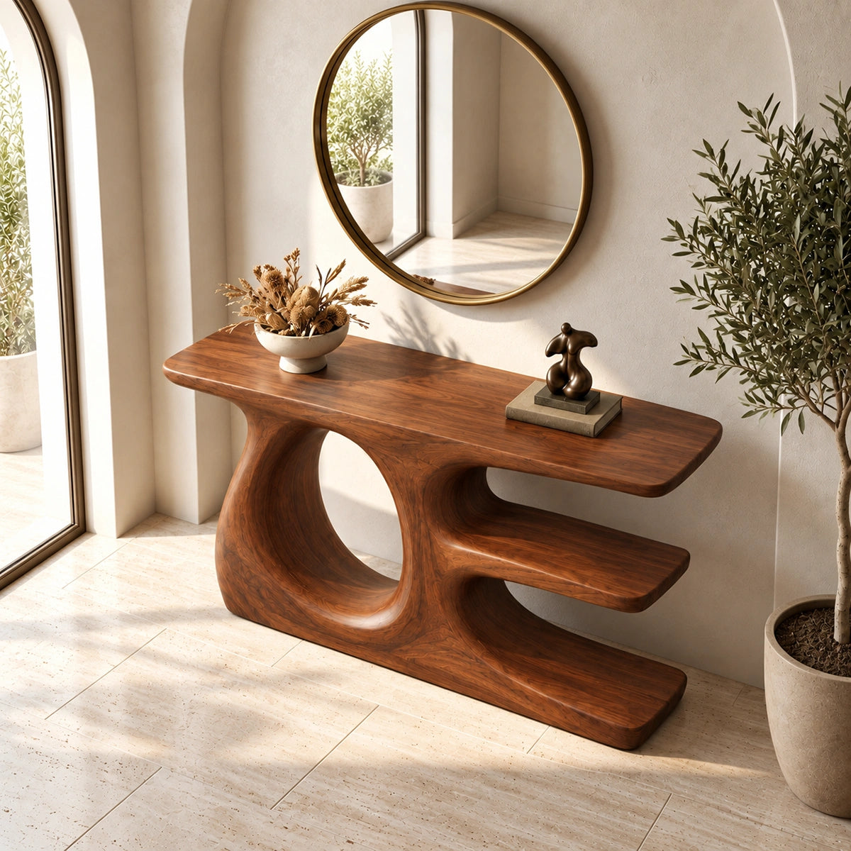 Console Table with Sculptural Oval Nooks in Natural Solid Wood Form - Rustiracraft