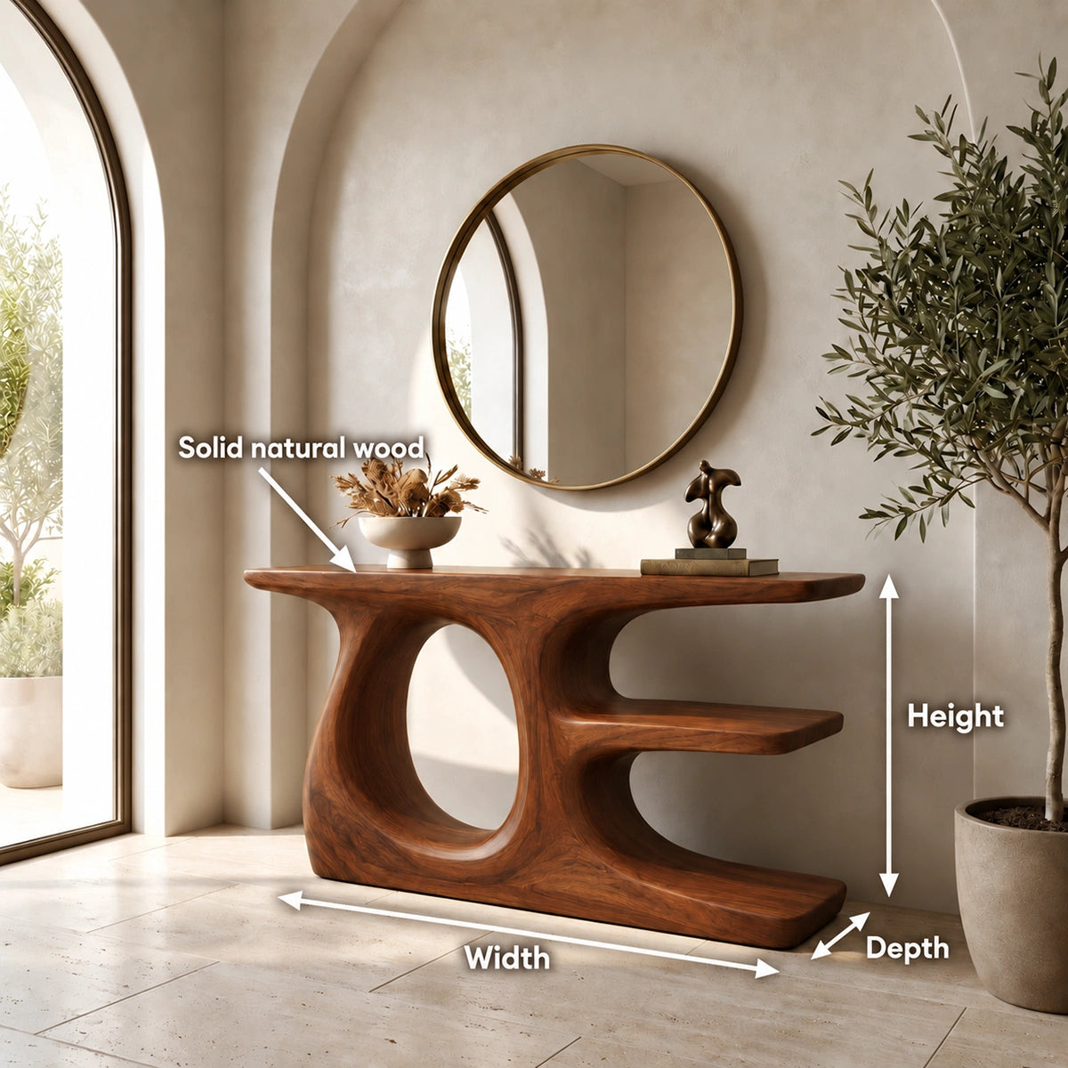 Console Table with Sculptural Oval Nooks in Natural Solid Wood Form - Rustiracraft