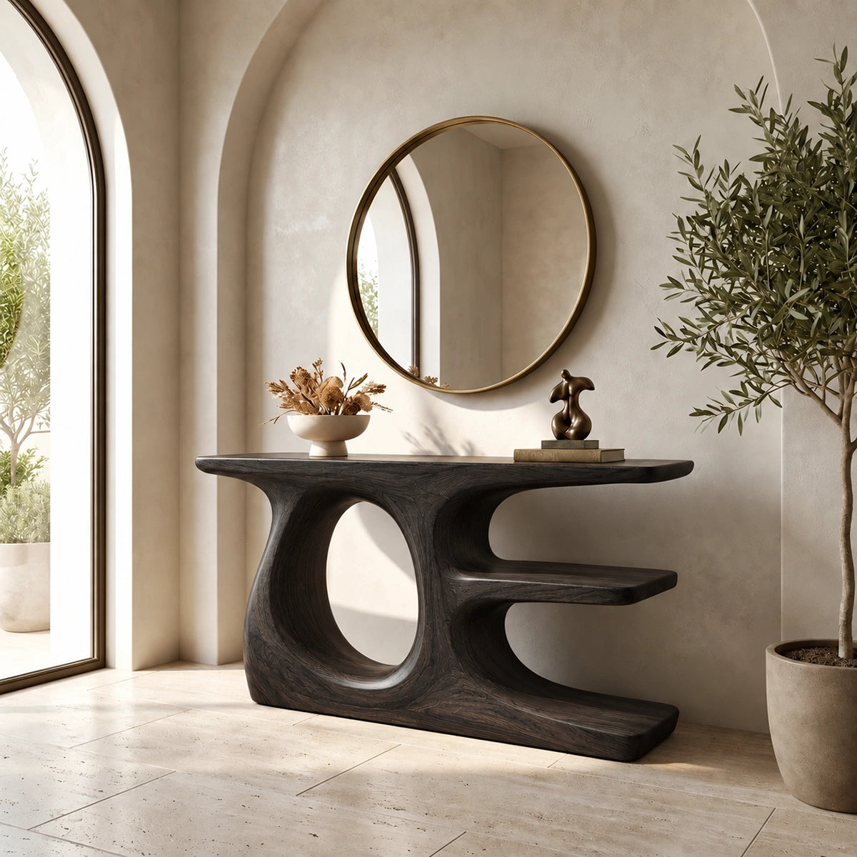 Console Table with Sculptural Oval Nooks in Natural Solid Wood Form - Rustiracraft