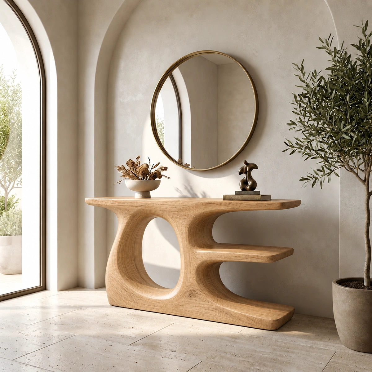 Console Table with Sculptural Oval Nooks in Natural Solid Wood Form - Rustiracraft