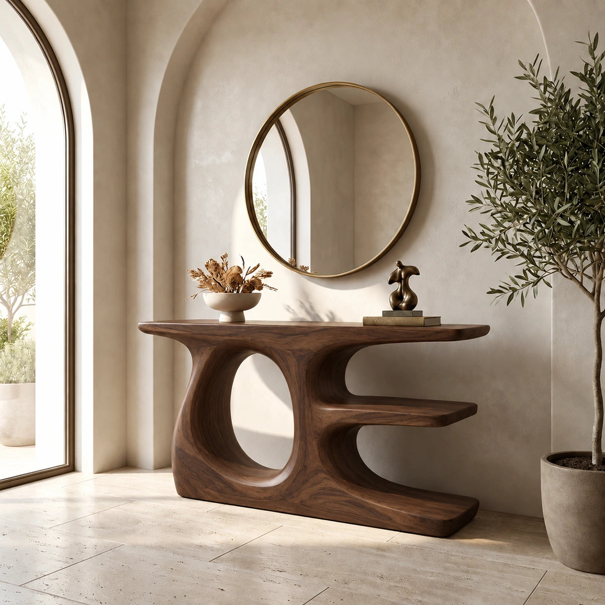 Console Table with Sculptural Oval Nooks in Natural Solid Wood Form - Rustiracraft