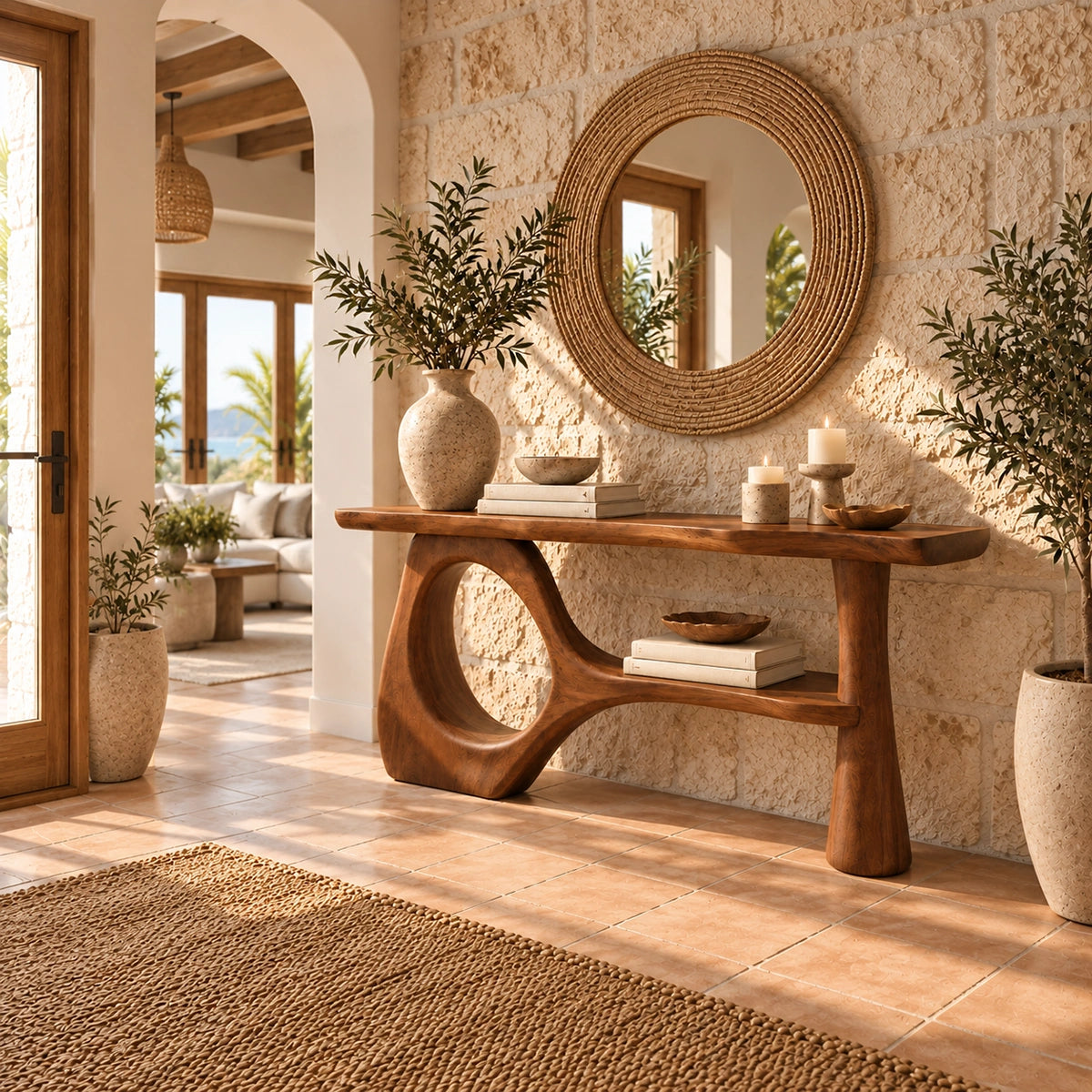 Console Table with Sculptural Oval Opening in Natural Solid Woods - Rustiracraft