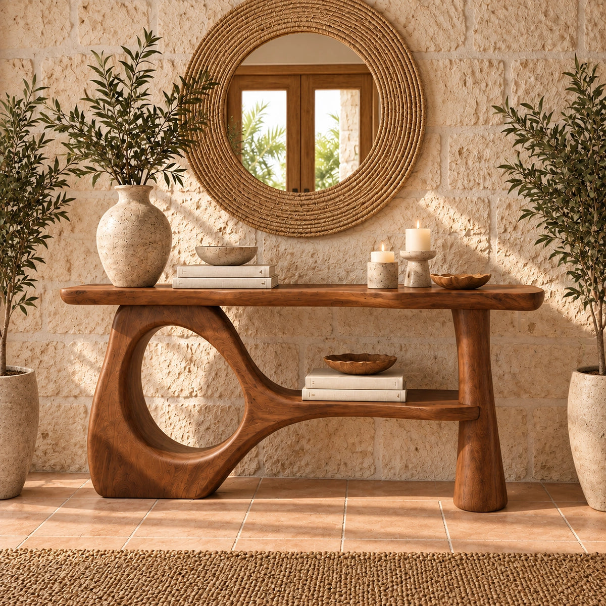 Console Table with Sculptural Oval Opening in Natural Solid Woods - Rustiracraft