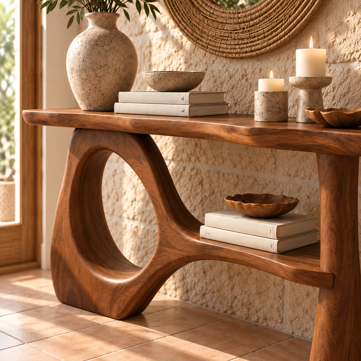 Console Table with Sculptural Oval Opening in Natural Solid Woods - Rustiracraft