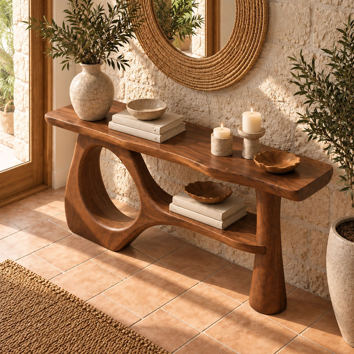 Console Table with Sculptural Oval Opening in Natural Solid Woods - Rustiracraft