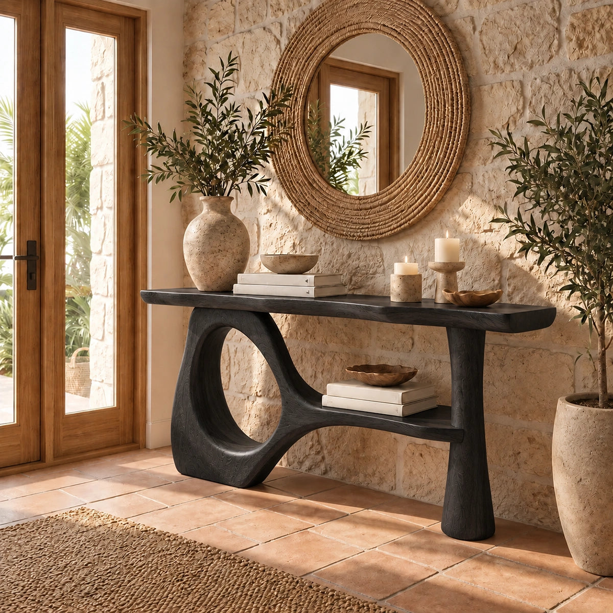 Console Table with Sculptural Oval Opening in Natural Solid Woods - Rustiracraft