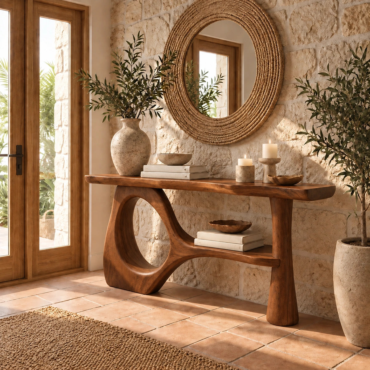 Console Table with Sculptural Oval Opening in Natural Solid Woods - Rustiracraft