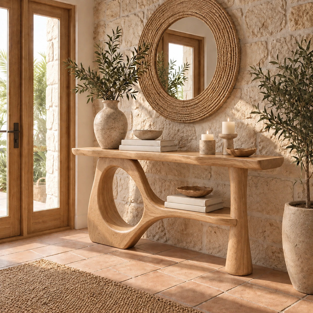 Console Table with Sculptural Oval Opening in Natural Solid Woods - Rustiracraft