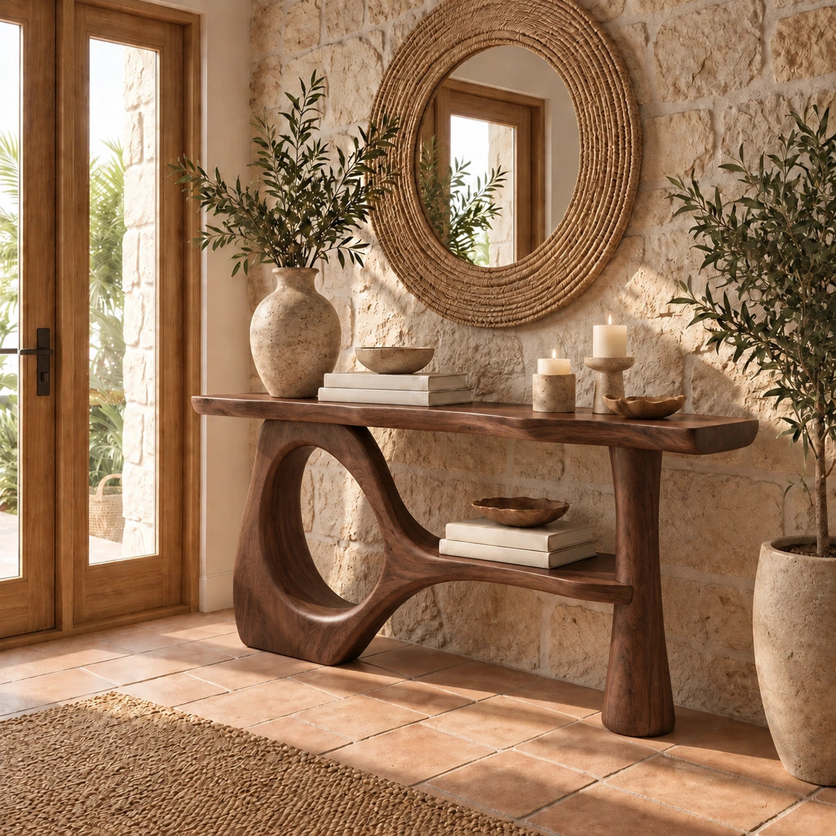 Console Table with Sculptural Oval Opening in Natural Solid Woods - Rustiracraft