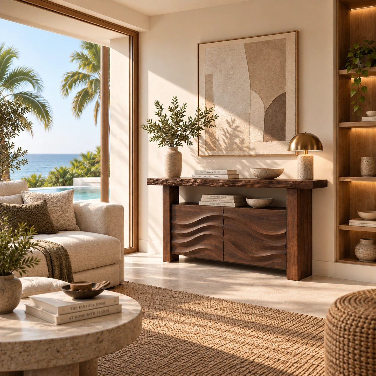 Console Table with Wave-Carved Cabinet Doors in Natural Solid Wood - Rustiracraft
