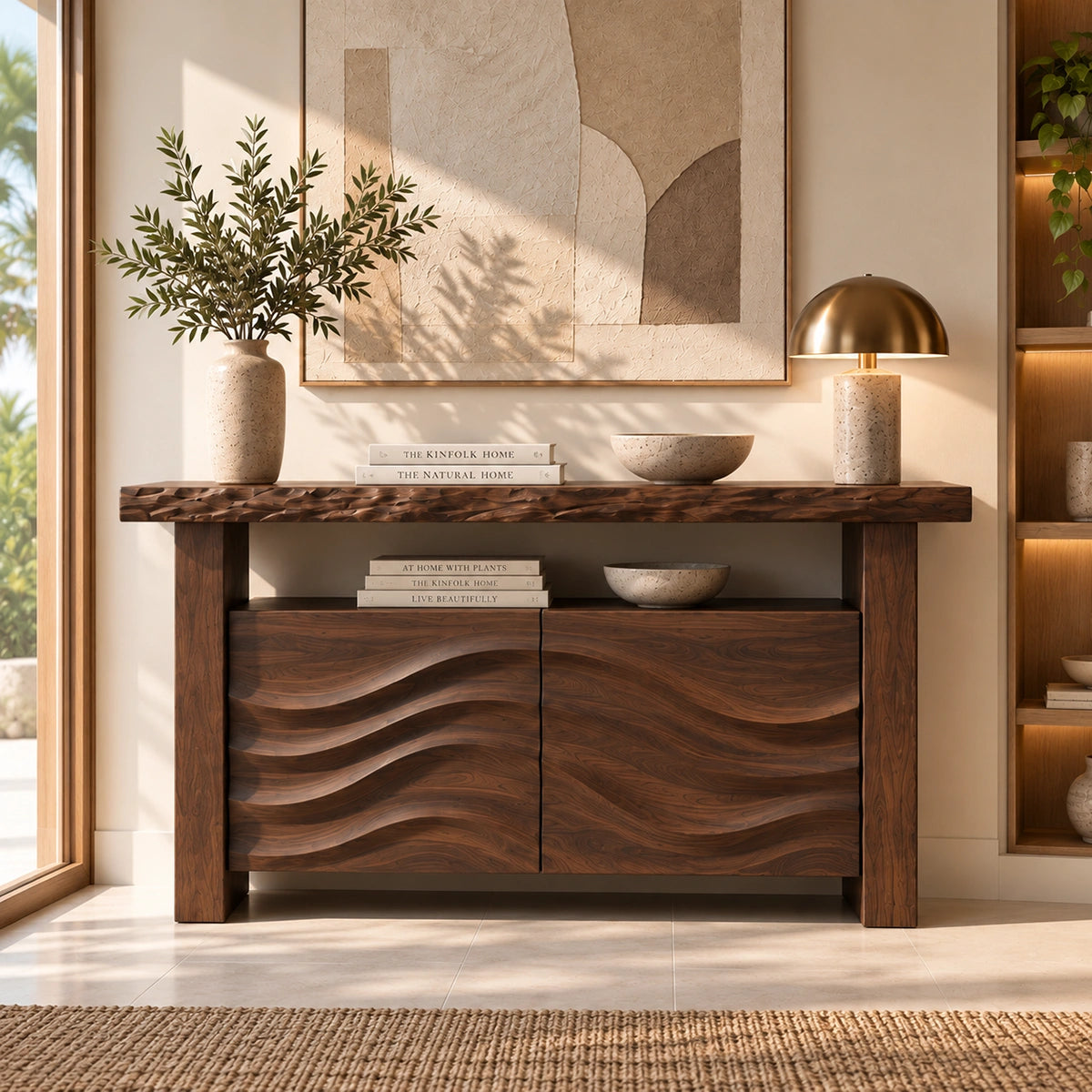 Console Table with Wave-Carved Cabinet Doors in Natural Solid Wood - Rustiracraft