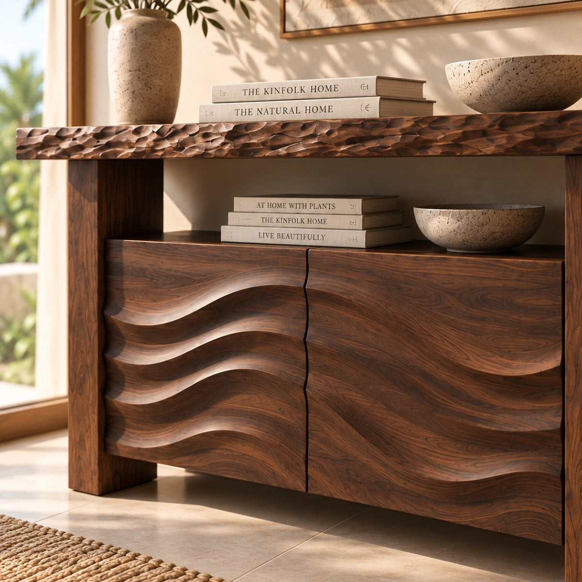 Console Table with Wave-Carved Cabinet Doors in Natural Solid Wood - Rustiracraft