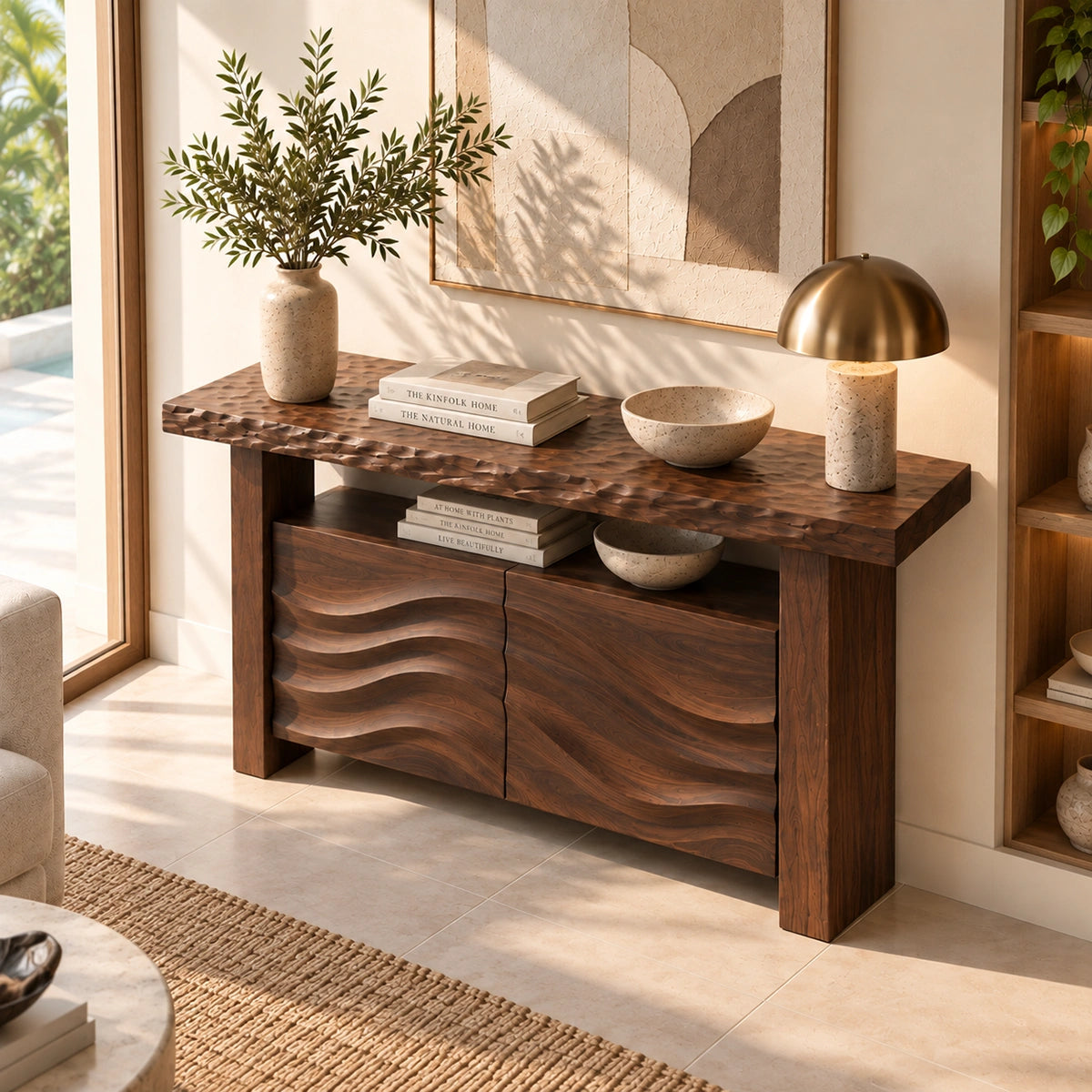 Console Table with Wave-Carved Cabinet Doors in Natural Solid Wood - Rustiracraft