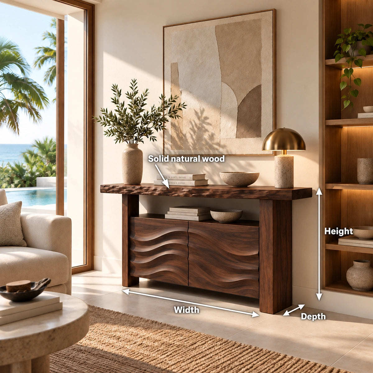 Console Table with Wave-Carved Cabinet Doors in Natural Solid Wood - Rustiracraft