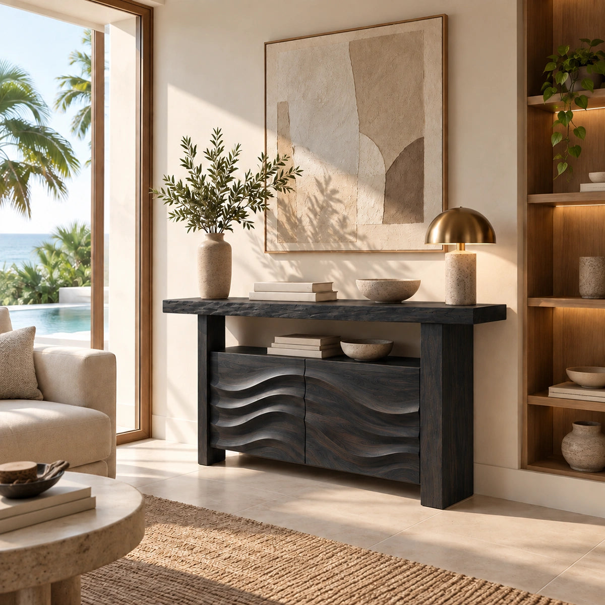 Console Table with Wave-Carved Cabinet Doors in Natural Solid Wood - Rustiracraft