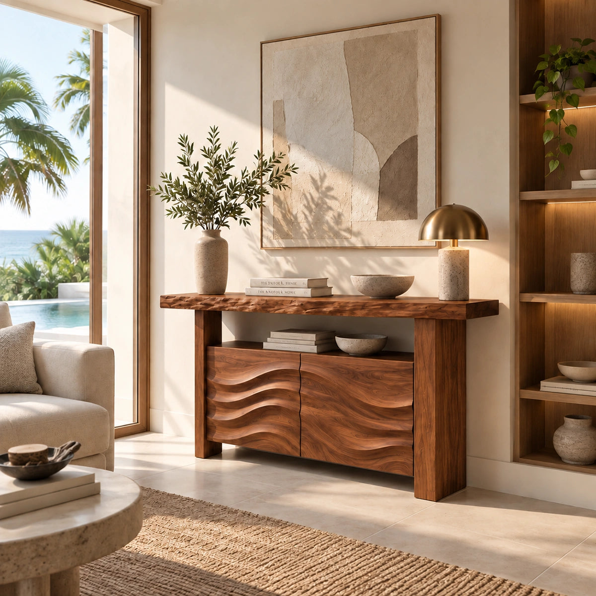 Console Table with Wave-Carved Cabinet Doors in Natural Solid Wood - Rustiracraft