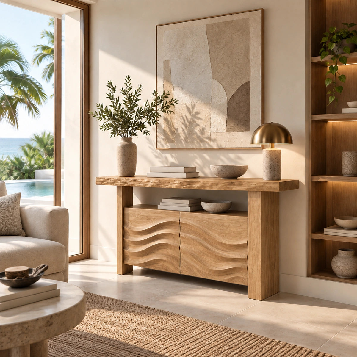 Console Table with Wave-Carved Cabinet Doors in Natural Solid Wood - Rustiracraft
