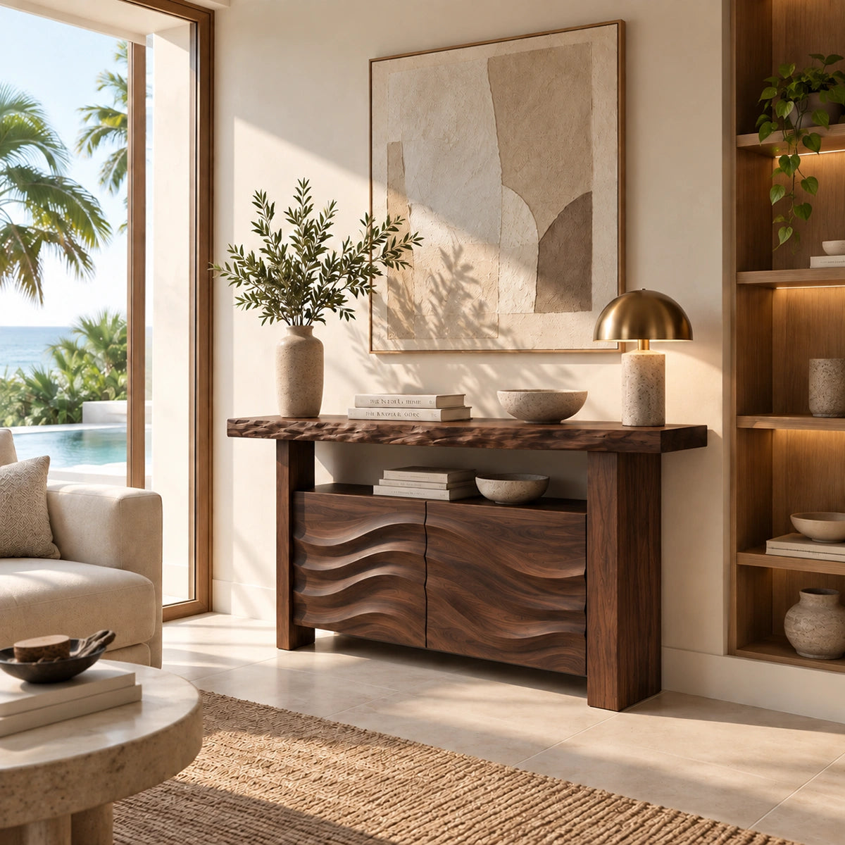 Console Table with Wave-Carved Cabinet Doors in Natural Solid Wood - Rustiracraft