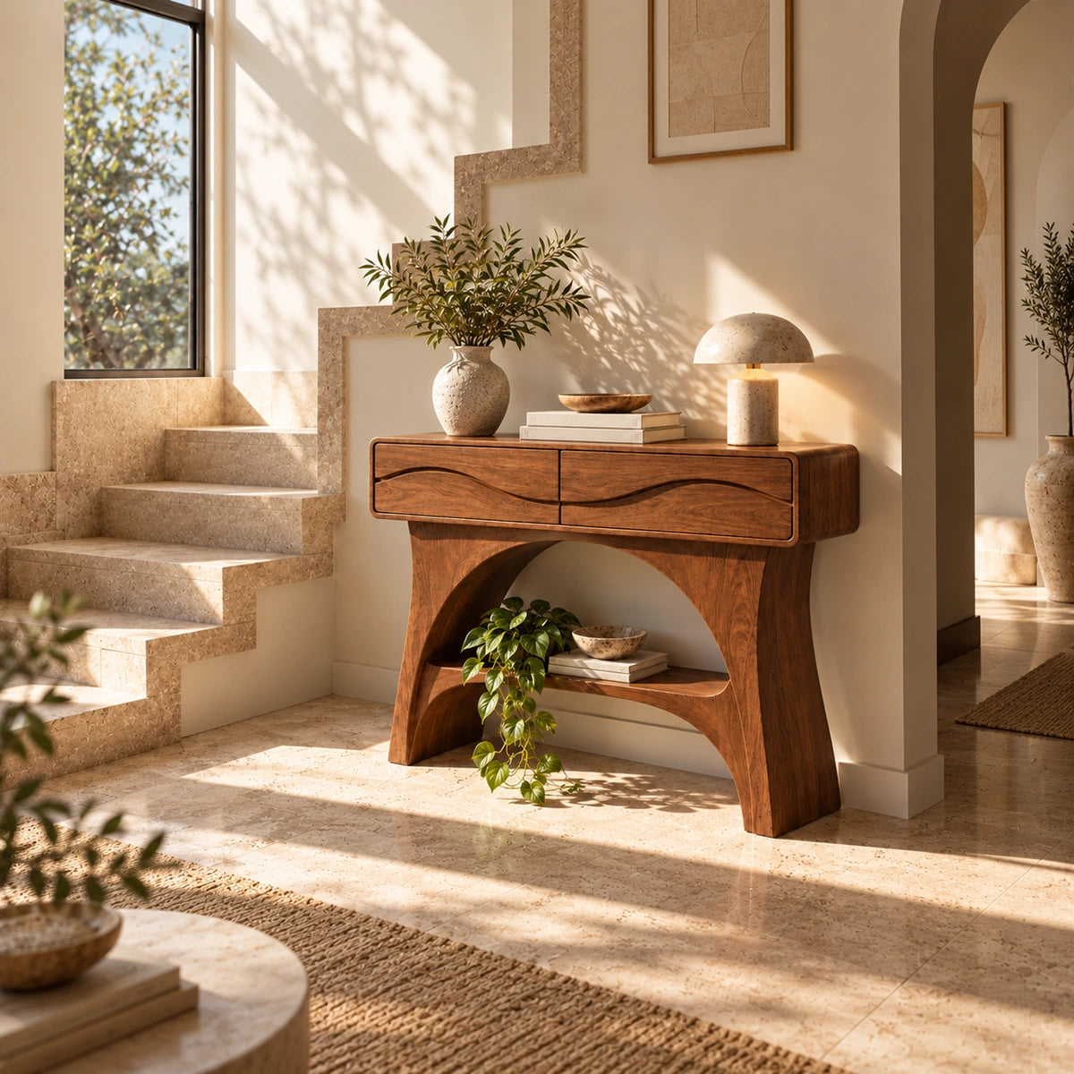 Console Table with Wave-Carved Drawers and Open Shelf in Natural Solid Wood - Rustiracraft