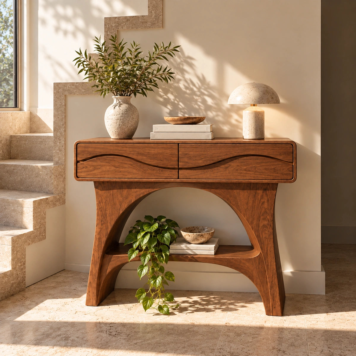 Console Table with Wave-Carved Drawers and Open Shelf in Natural Solid Wood - Rustiracraft
