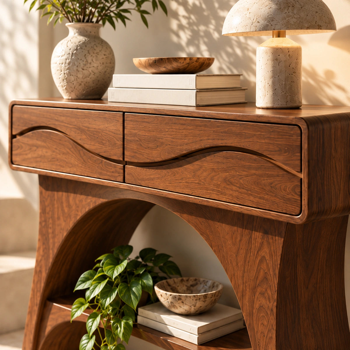 Console Table with Wave-Carved Drawers and Open Shelf in Natural Solid Wood - Rustiracraft