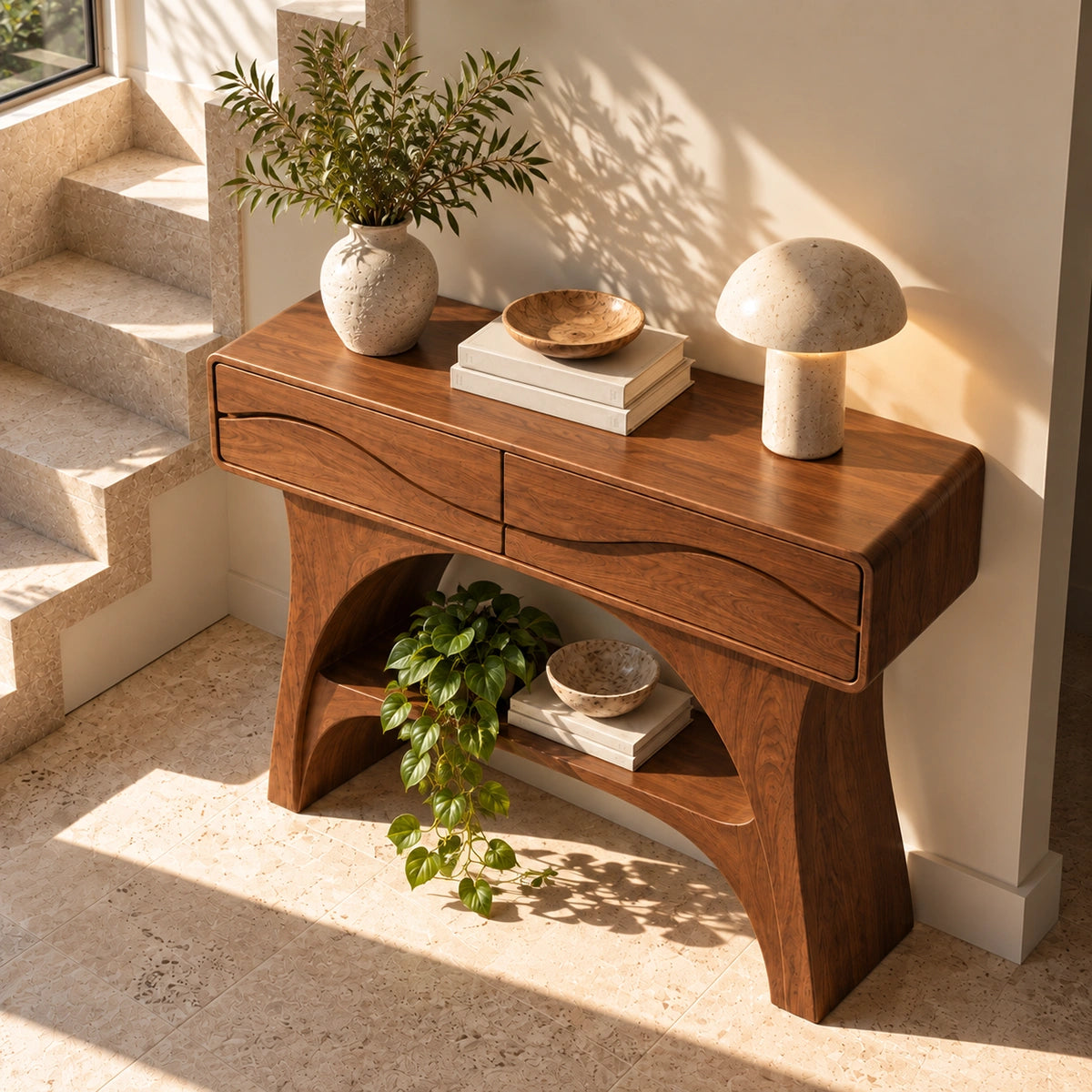 Console Table with Wave-Carved Drawers and Open Shelf in Natural Solid Wood - Rustiracraft