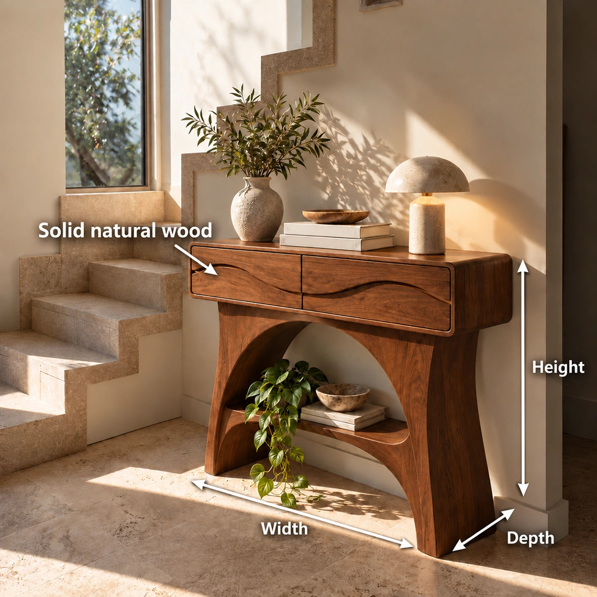 Console Table with Wave-Carved Drawers and Open Shelf in Natural Solid Wood - Rustiracraft
