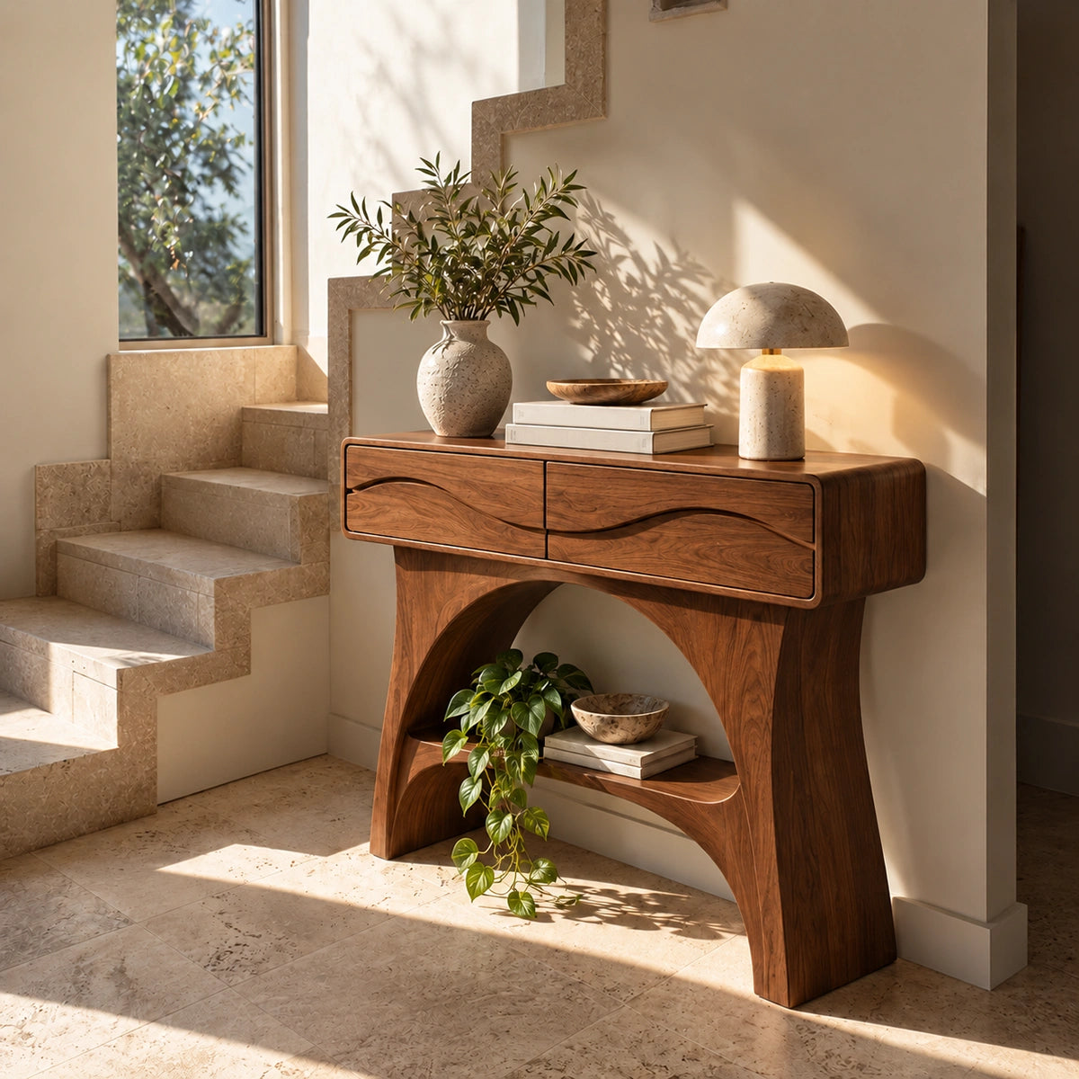 Console Table with Wave-Carved Drawers and Open Shelf in Natural Solid Wood - Rustiracraft