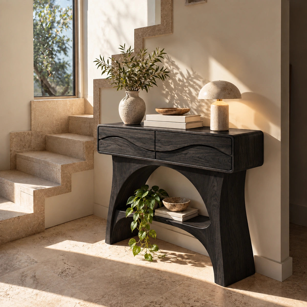 Console Table with Wave-Carved Drawers and Open Shelf in Natural Solid Wood - Rustiracraft