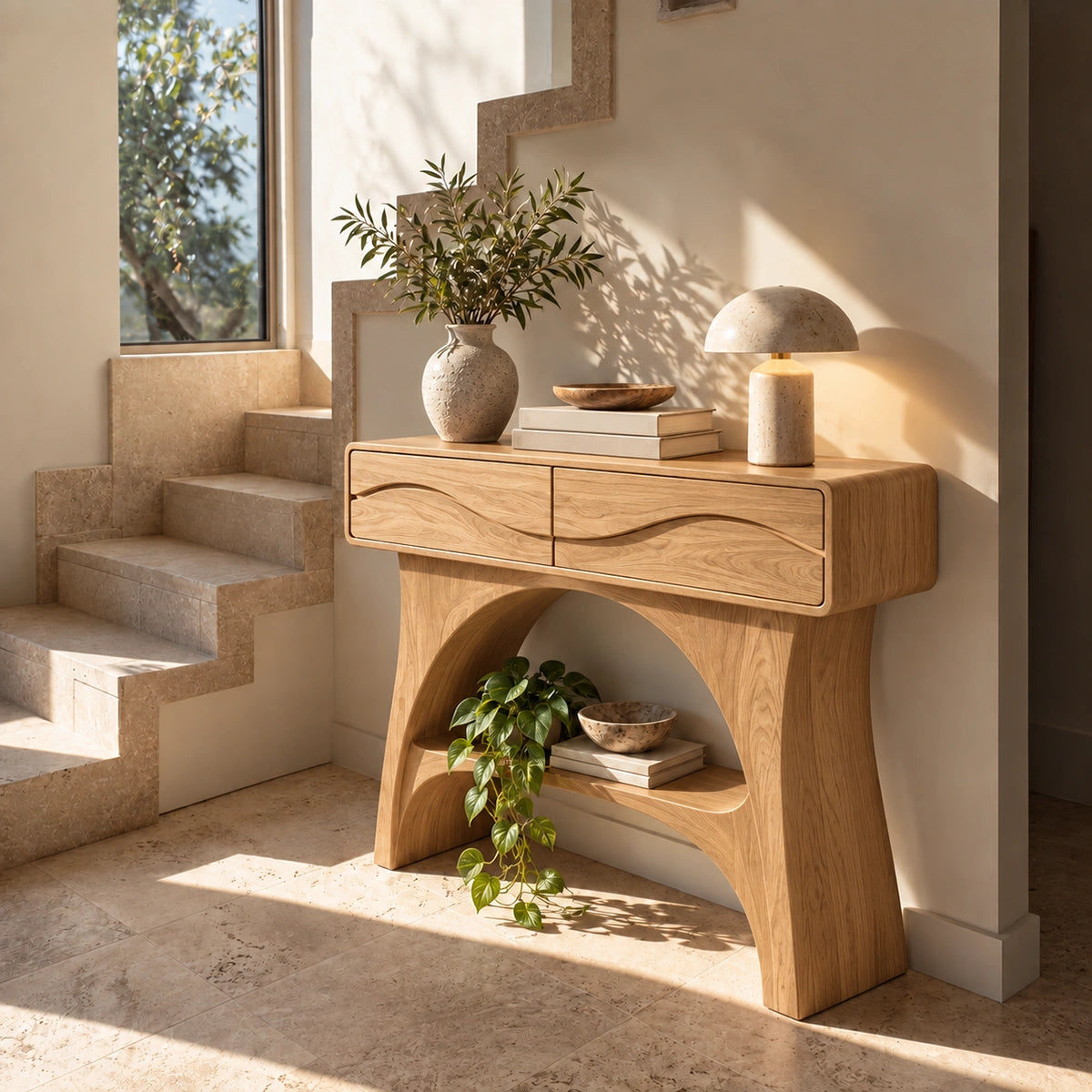 Console Table with Wave-Carved Drawers and Open Shelf in Natural Solid Wood - Rustiracraft