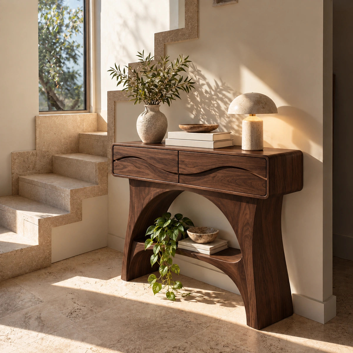 Console Table with Wave-Carved Drawers and Open Shelf in Natural Solid Wood - Rustiracraft