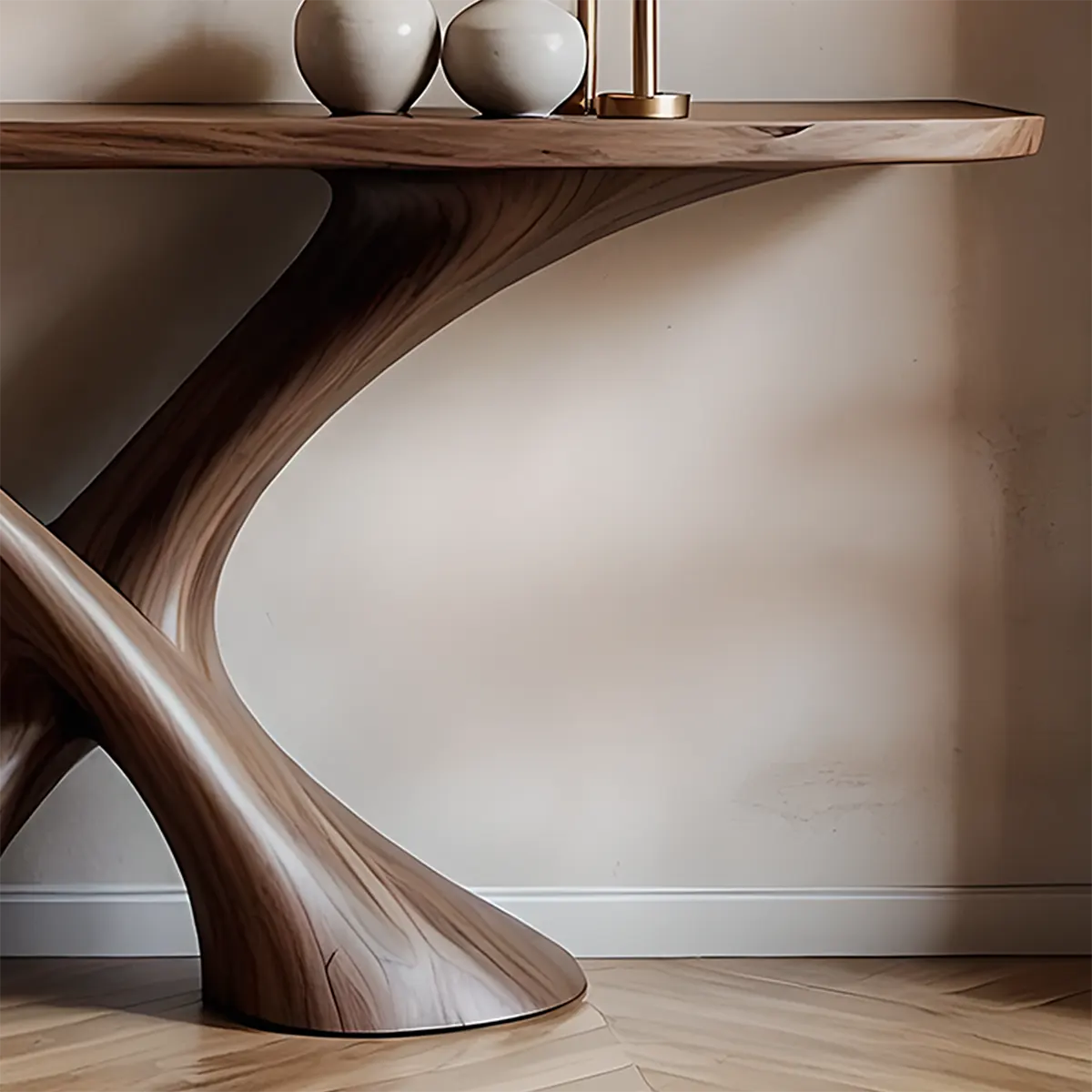 Cross Wave Walnut Console Table – Sculptural Wood Art - Rustiracraft 