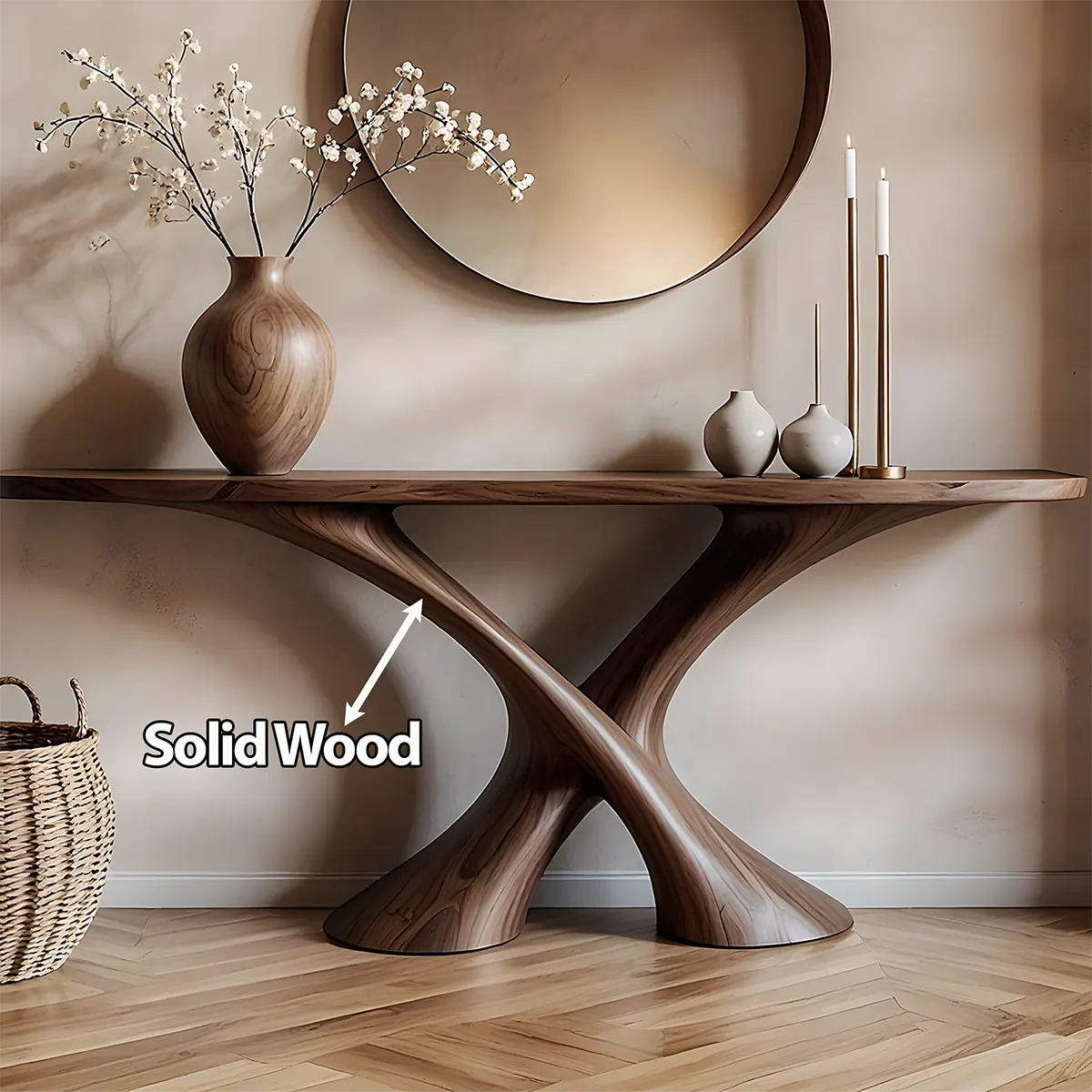 Cross Wave Walnut Console Table – Sculptural Wood Art - Rustiracraft 