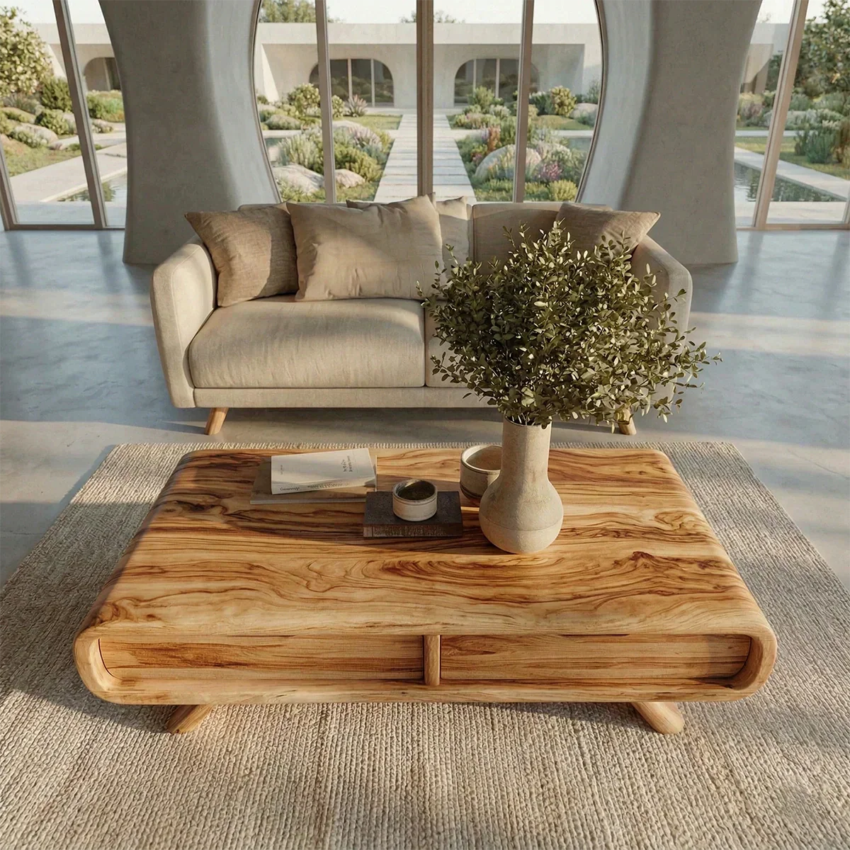 Curved Drawer Storage Coffee Table in Natural Solid Wood - Rustiracraft 