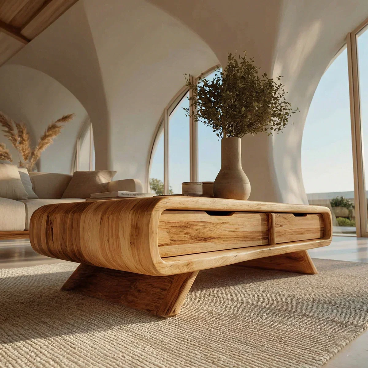 Curved Drawer Storage Coffee Table in Natural Solid Wood - Rustiracraft 
