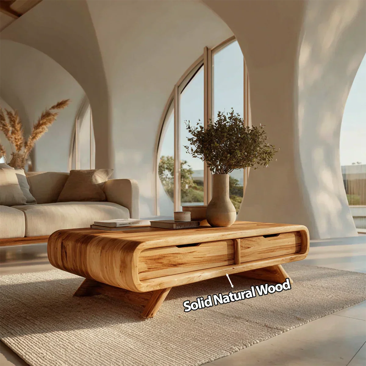 Curved Drawer Storage Coffee Table in Natural Solid Wood - Rustiracraft 