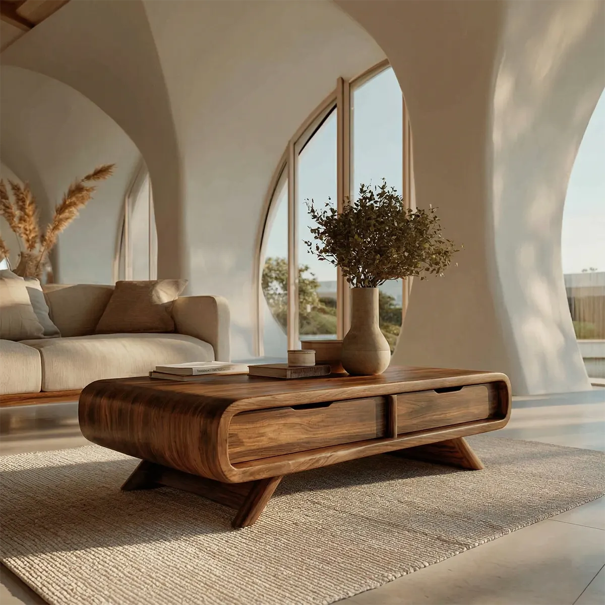 Curved Drawer Storage Coffee Table in Natural Solid Wood - Rustiracraft 