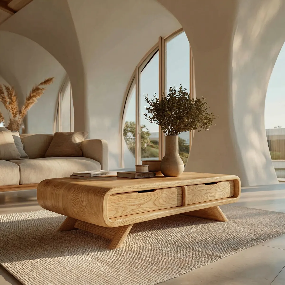 Curved Drawer Storage Coffee Table in Natural Solid Wood - Rustiracraft 