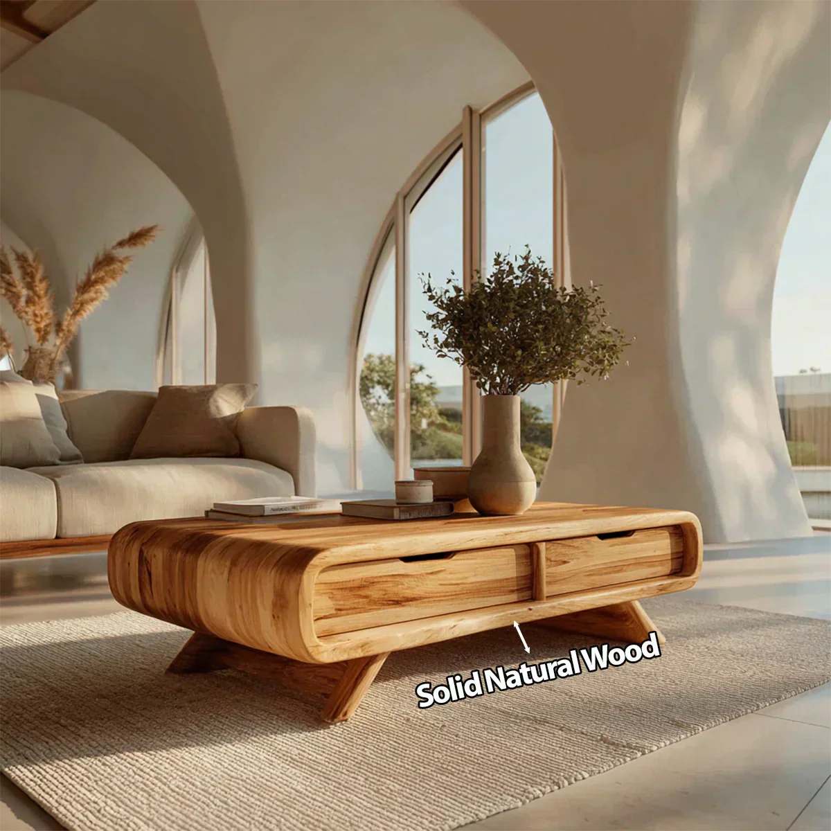 Curved Drawer Storage Coffee Table in Natural Solid Wood - Rustiracraft