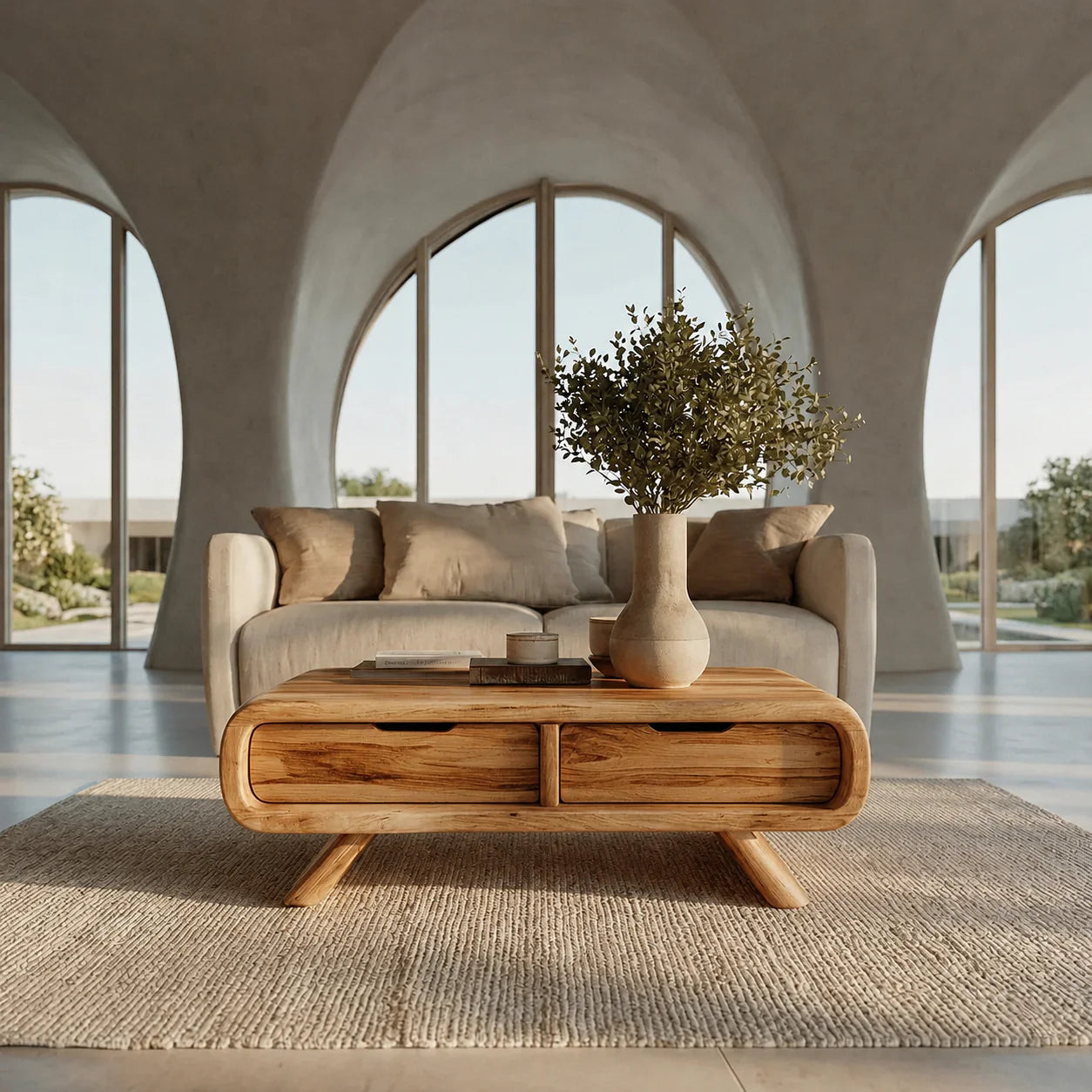 Curved Drawer Storage Coffee Table in Natural Solid Wood - Rustiracraft