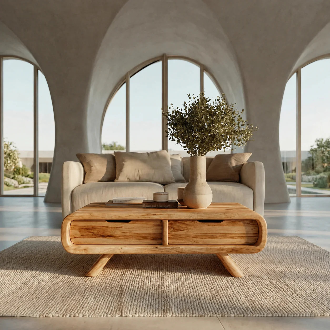 Curved Drawer Storage Coffee Table in Natural Solid Wood - Rustiracraft