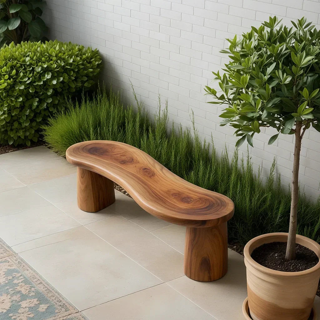 Curved Sculptural Solid Wood Bench – Soft Flow Form - Rustiracraft