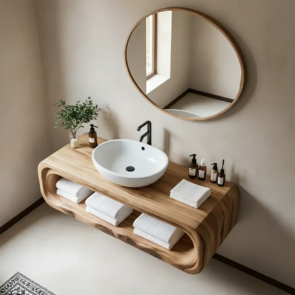 Curved Solid Wood Floating Vanity – Japandi Rustic Design Bathroom Console - Rustiracraft 