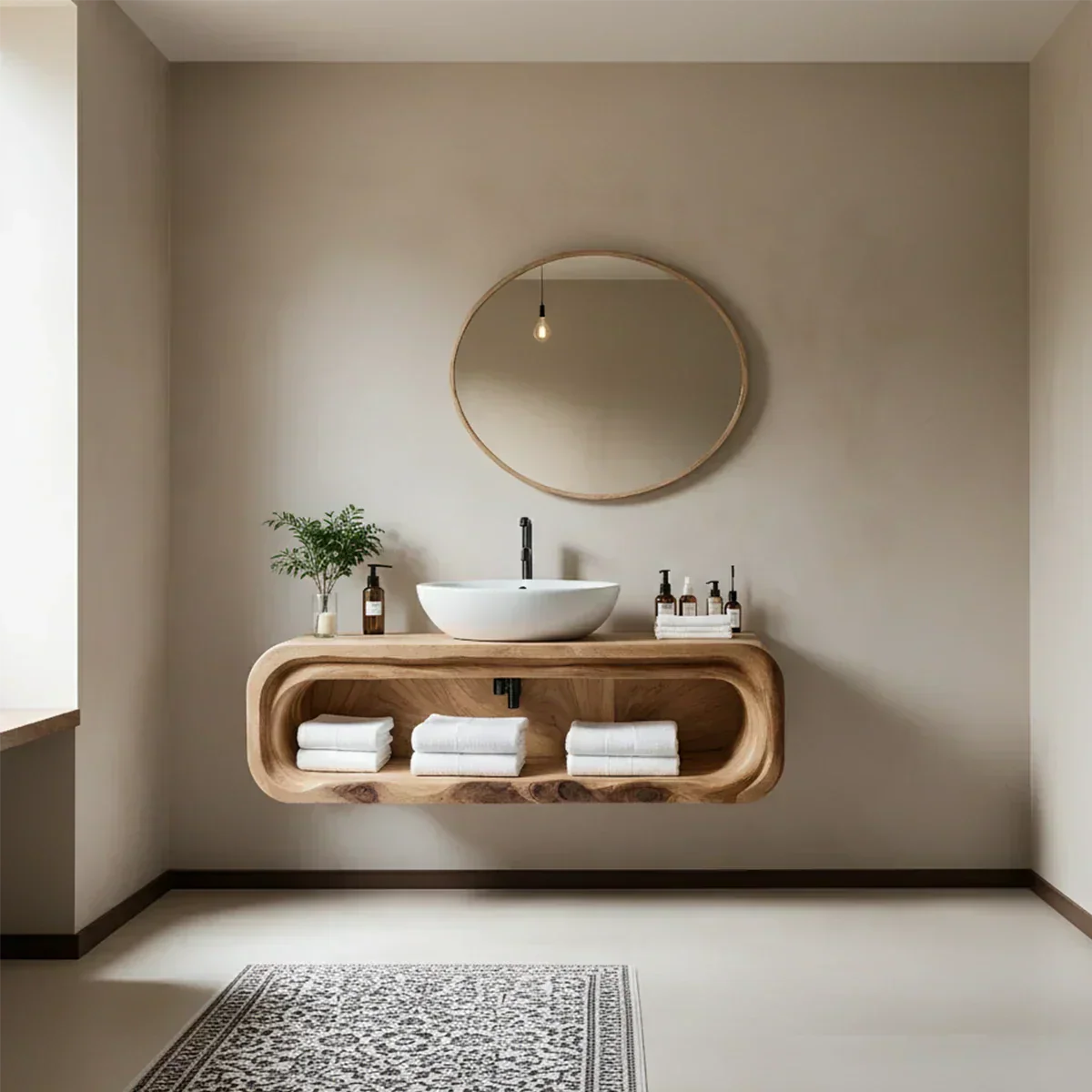 Curved Solid Wood Floating Vanity – Japandi Rustic Design Bathroom Console - Rustiracraft 