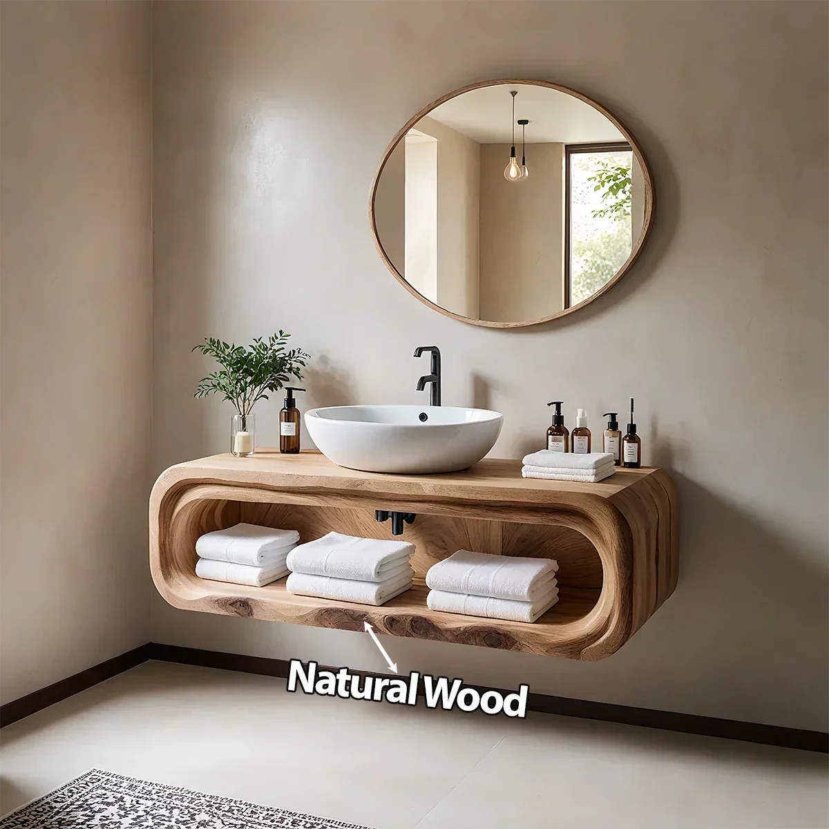 Curved Solid Wood Floating Vanity – Japandi Rustic Design Bathroom Console - Rustiracraft 